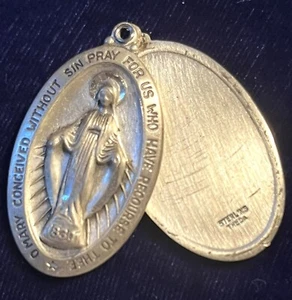 Large Sterling Silver OL Miraculous Medal St Christopher Swing Pendant Signed - Picture 1 of 4
