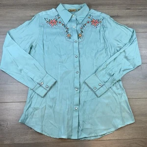 Wrangler Diamond Pearl Snap Western Shirt Women’s Large Blue Embroidered Rhine - Picture 1 of 17