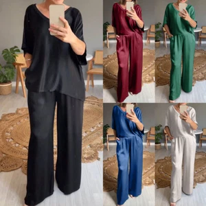Women V Neck Tracksuit Set Ladies Casual Tops T-Shirt Loose Pants Lounge Wear US - Picture 1 of 17
