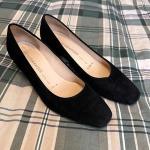Peter Kaiser Heel Women's Sz 7 Black Suede Square Toe Block Slip on Kitten Pump - Picture 1 of 11