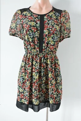Dotti Dress Womens Size 8 Black Red Yellow Floral Elastic Waist Short Sleeve - image 1 of 4