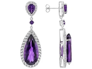 1.60ct Natural Round Diamond 14K White Gold Amethyst Anniversary Dangle Earrings - Picture 1 of 4