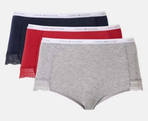 Tommy Hilfiger Women's Cotton Lace Logo Waistband Briefs 3-Pack - Red/Grey/Navy - Picture 1 of 10