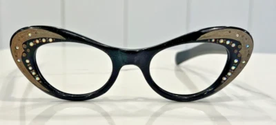 cat eye Vintage Woman's Eyeglass Black Gina France Straight Temples Rhinestones - Image 1 of 4