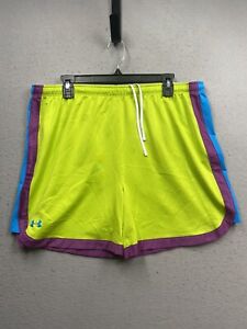 Under Armour Shorts Women’s Neon Green with Blue & Purple Stripes Heatgear Sz XL
