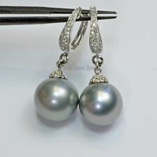 14k Solid White Gold 12.9mm Tahitian Pearl Earrings With Diamond Accent