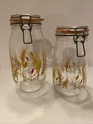 ARC France Glass 1.5 & 2.0 Liter Jars Hinged Lids Wheat Vintage SET OF 2 - Image 1 of 4
