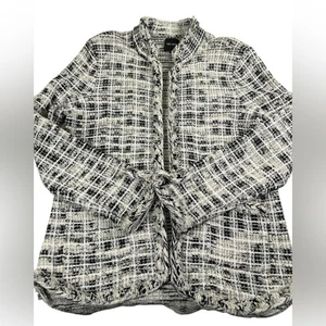 Chaqueta NIC + ZOE Bouclé Tweed Frente Abierto Negra Blanca Ribete de Flecos Trenzados Talla L - Imagen 1 de 14