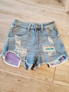 Justice Girl Mini Mom Distressed Sequin Shorts Pocket Jean Denim Light Size 10 - Picture 1 of 5