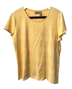 CHICO'S YELLOW SHORT SLEEVE SEQUIN EMBROIDERED COTTON T-SHIRT TEE TOP WOMEN'S 3 - Picture 1 of 3