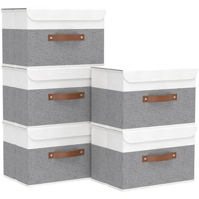 Contenedores de almacenamiento con tapas, cajas plegables de tela, lavables y asa de cuero, C... Foto 1 de 4