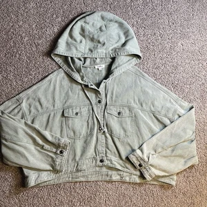 GeeGee Cropped Denim Jean Jacket 2XL Women’s Outerwear Streetwear Green Hood - Picture 1 of 7