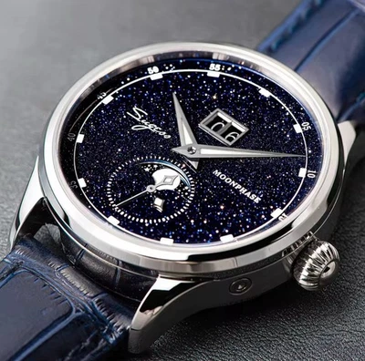 Sugess Automatic Mechanical Watch Moonphase Date Blue Sandstone Dial Men Gift - Image 1 of 4
