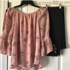 Knit Works Outfit Girls Size XL Plus Floral Pink Black 2 Piece Blouse Leggings - Picture 1 of 15