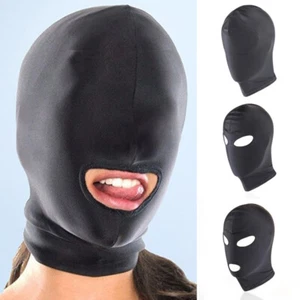 Black Spandex Full Hood Face Head Cover Role Play Sexy Unisex Mask Slave Costume - Picture 1 of 17