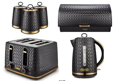 Tower Empire Kettle 4-Slice Toaster Bread Bin & 3 Canisters Set in Black & Brass - Image 1 of 4