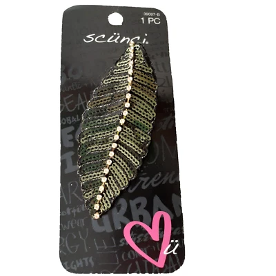 Scunci Sequin and Rhinestone Hair Barrette Green Leaf Sparkling Design 2012 NOS - Image 1 of 4
