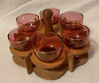 Set Of 6 Vintage Cranberry Iridescent Shot Glasses In Wood Caddy Mcm Barware
