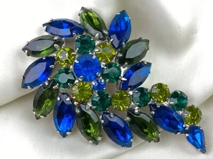 Vintage Silver Tone Blue Green Stone Sparkly Large Pin Brooch - Picture 1 of 9