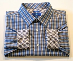 Egara Mens 2XL Blue Brown Plaid Double Button Flip Cuffs Long Sleeve Dress Shirt - Picture 1 of 4