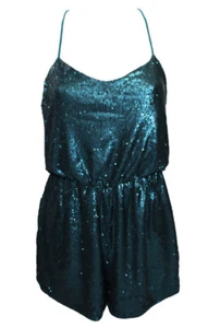 JUMPSUIT SUIT OVERALL KURZOVERALL PLAYSUIT PETROL GRÜN PAIETTEN GLAMOROUS Gr. XS - Bild 1 von 4