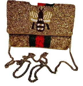 A Chic Design Glass Seed Beaded Canvas Crossbody Queen Bee Chain Link Strap Used - Picture 1 of 22