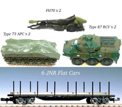 N Scale JNR 6 Freight Cars & 6 JGSDF Vehicles Military Train AFV/CV/Howitzer - Image 1 of 4