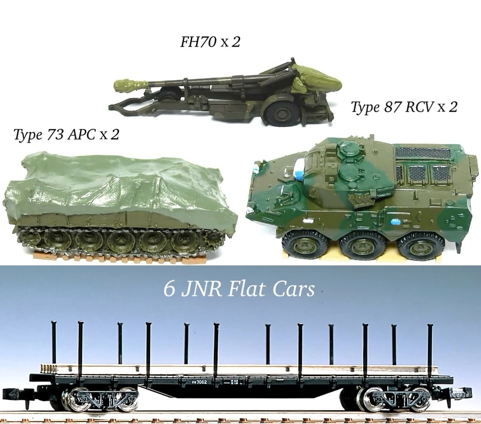 N Scale JNR 6 Freight Cars & 6 JGSDF Vehicles Military Train AFV/CV/Howitzer - Image 1 of 4