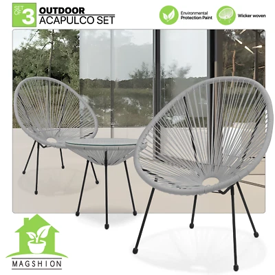 MAGSHION 3 Pieces Outdoor Acapulco Chair Tempered Glass Table Bistro Set Patio Furniture