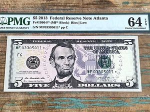 $5 2013 1996-F* Atlanta FRN PMG 64EPQ - 2nd RUN LOW PRINT 320K STAR - Picture 1 of 2