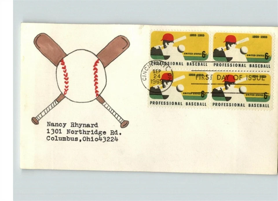 Professional BASEBALL, Hand Painted, Block of 4, 1969 First Day of Issue # 1 of  - Image 1 of 1