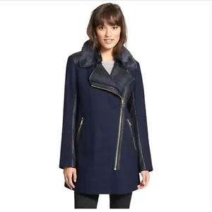 Abrigo de lana Sam Edelman azul y negro para dama con cuello de piel sintética extraíble talla Lg - Imagen 1 de 20