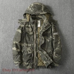 Abrigo de algodón de camuflaje grueso para hombre Abrigo de longitud media con capucha desmontable con múltiples bolsillos - Imagen 1 de 29