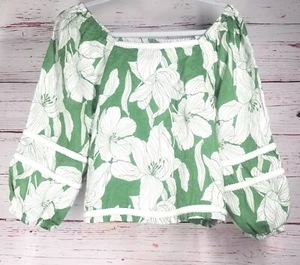 Tahari Square Neck 3/4 Sleeve Braided Trim Linen Shirt - Size S - Green - Large - Picture 1 of 10