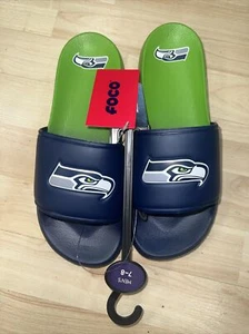 Men’s New Seattle Seahawks Logo Navy / Green Slides Foco Sandals Size 7/8 Small - Picture 1 of 6