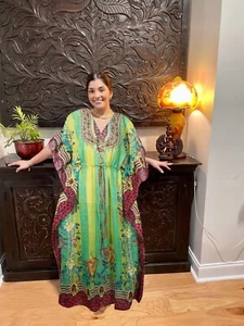 Kaftan Maxi Dress Georgette Green Floral Boho Hippie Resort Wear Dresses 4XL - Picture 1 of 4