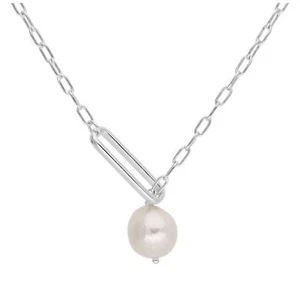 Sterling Silver Natural Freshwater Pearl Drop Link Chain Necklace - Picture 1 of 3