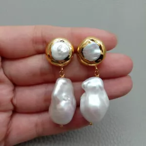 Weiße Barock Perle hängen Ohrstecker Damen Schmuck Hochzeit Geschenk - Bild 1 von 6