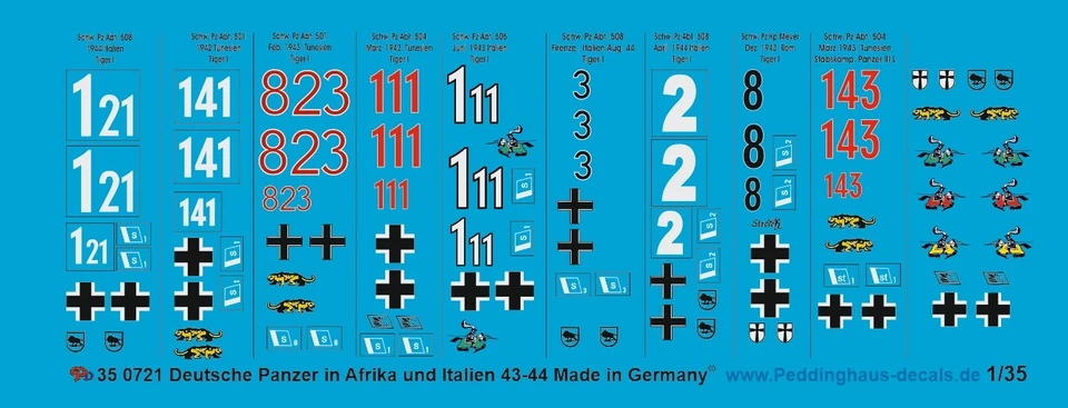 Peddinghaus-Decals 1/35 0721 Tiger I Carro Armato IN Tunisia E Italia - Immagine 1 di 1