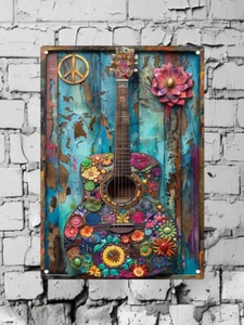 Vintage Hippie Guitar Metal Aluminum Tin Sign Wall-Mountable For Home Decoration - Picture 1 of 6