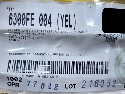 Cable de audio/control de medios blindado Belden Wire 6300FE 18/2C amarillo plenum/100 pies Foto 1 de 4