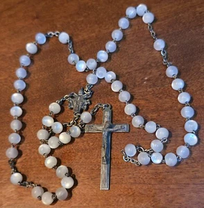 18.5" Rosary Beads Silver-tone Cross w White Beads Stamp Roma Italy Baptism Gift - Picture 1 of 6
