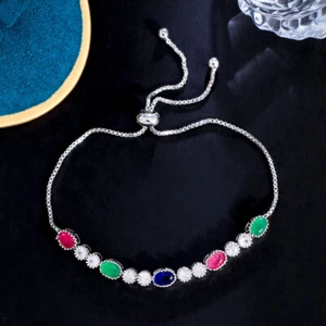 Charming Bracciale Ovale Argento Placcato Multicolore Cubic Zircon Gioielli Regolabili - Foto 1 di 9