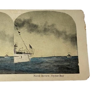 Antique Stereoscope Card Naval Review  Oyster Bay WWI Drawing Military - Picture 1 of 3