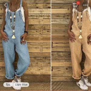 Casual Summer Overalls Dungarees Solid Pocket Jumpsuit Long Pants Cargo Women - Picture 1 of 3