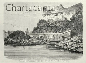 1875 Incisione STABILIMENTO DEI BAGNI DI MARE A SAVONA - Imagen 1 de 1