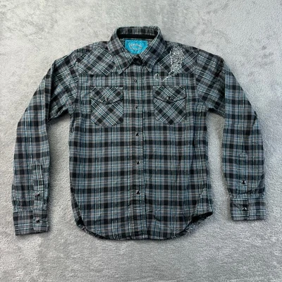 女牛仔五金衬衫女孩中号蓝色灰色长袖珍珠卡扣西部上衣 — 第 1/4 张图片