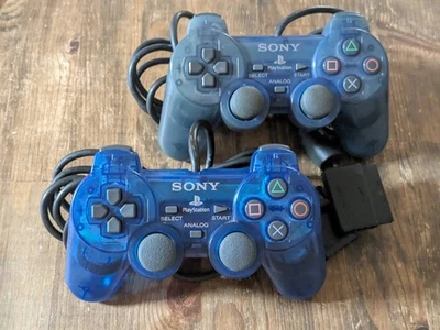 Lot of 2 Sony PS2 Wired Controller OEM DualShock PlayStation 2 Clear Blue - Image 1 of 4