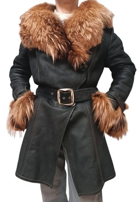 Women’s black Shearling Coat with Red Fox Trim Hood & Cuffs – Size L - Image 1 of 4