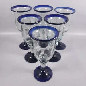 Mexican HAND BLOWN Cobalt Blue Rim Foot Glass Wine Goblet SET - Picture 1 of 11